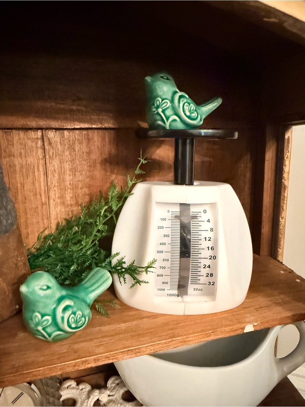 White Kitchen Scale with Green Ceramic Bird Accents